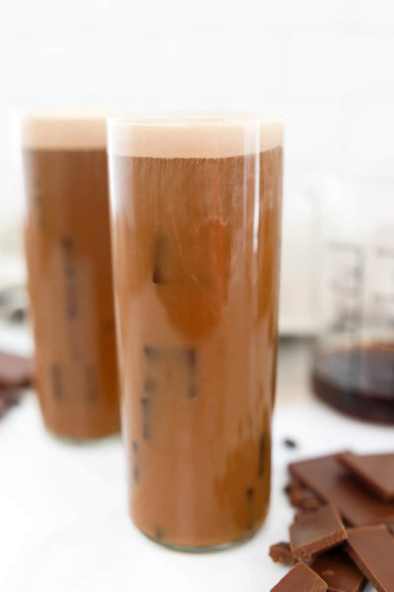 two copycat Starbucks chocolate cream cold brew iced coffee drinks.