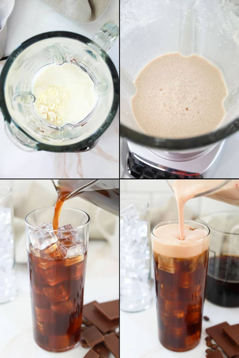 collage of steps for Starbucks chocolate cream cold brew recipe.