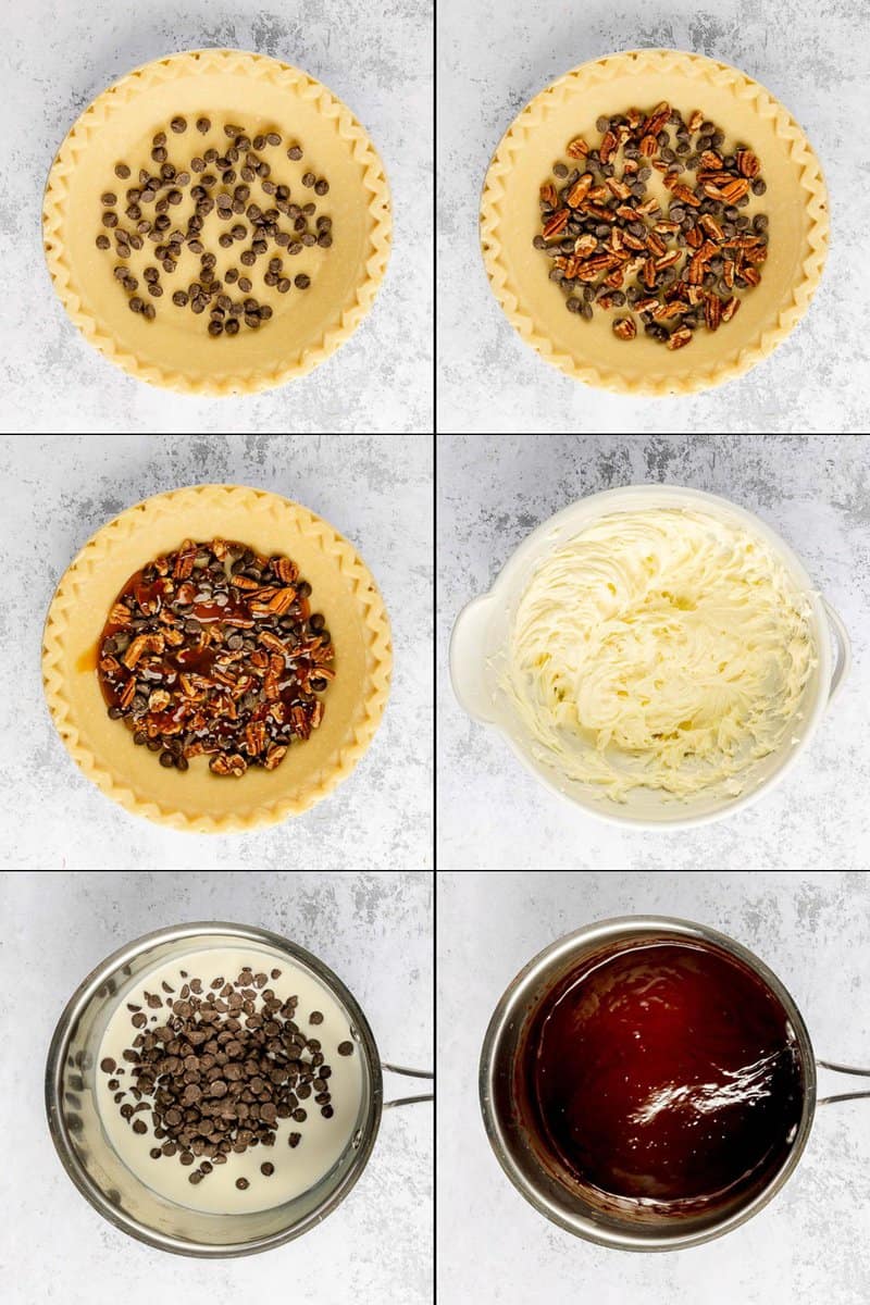 collage of turtle pie recipe steps 1 to 6.