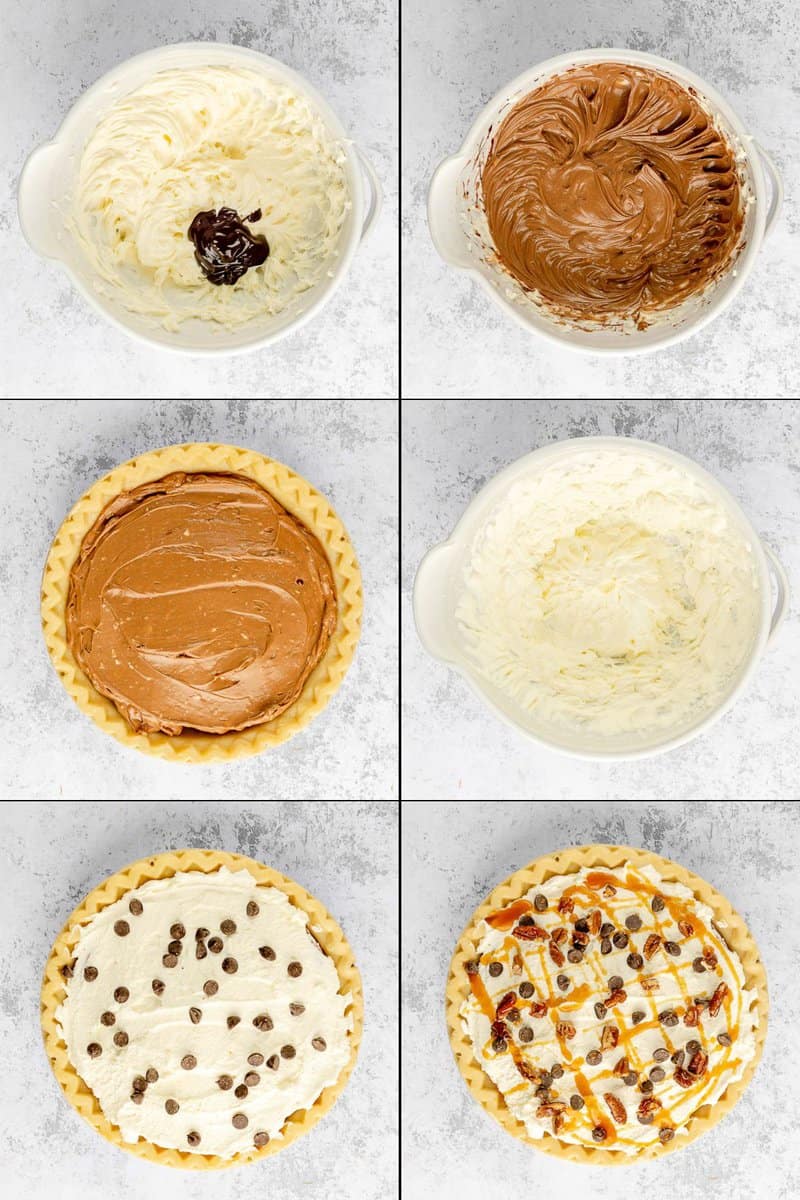 collage of turtle pie recipe steps 7 to 12.