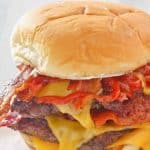 closeup of homemade copycat Wendy's baconator burger.