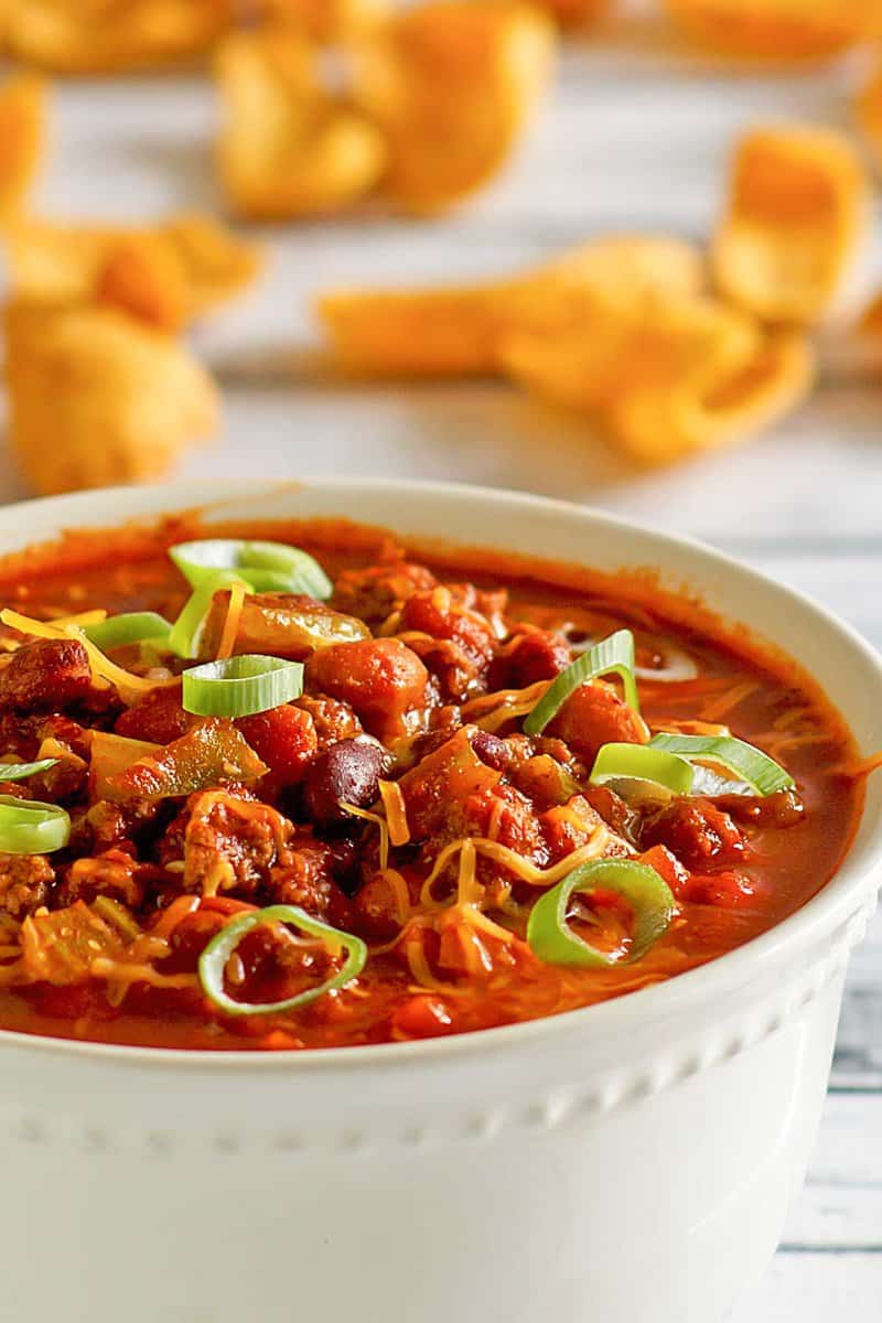 closeup of copycat Wendy's chili in a bowl.