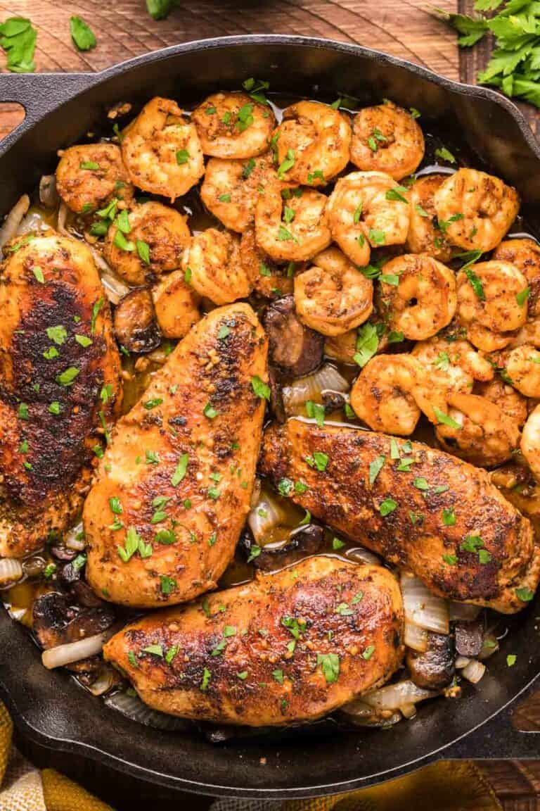 copycat Applebee's Bourbon Street chicken and shrimp in a skillet.