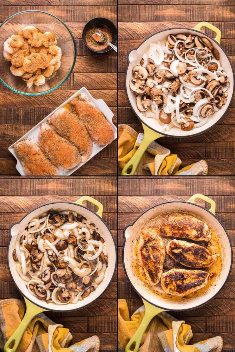 Collage di passaggi della ricetta di pollo e verdure di Bourbon Street di Applebee.