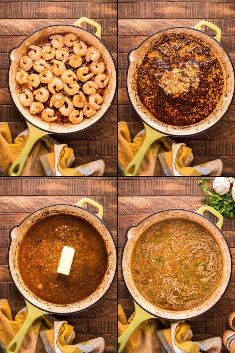 Collage di passaggi della ricetta di gamberi e salsa di Bourbon Street di Applebee