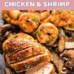closeup of homemade Applebee's Bourbon Street chicken and shrimp.