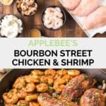 Applebee's Bourbon Street tavuk ve karides malzemeleri ve bitmiş yemek.