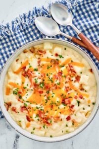 overhead view of a bowl of copycat Chili's baked potato soup.