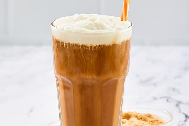 closeup of copycat Dunkin brown sugar sweet cream cold brew coffee drink.