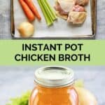 Instant Pot chicken broth ingredients and the broth in a mason jar.