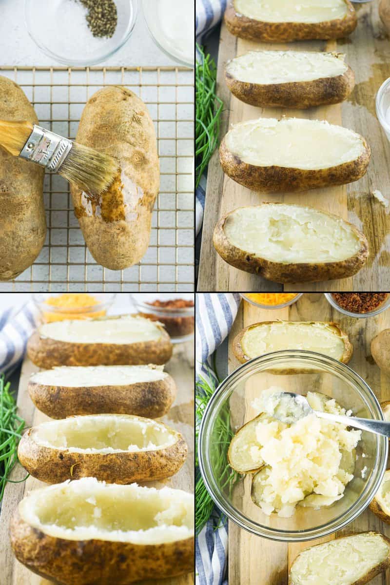 collage of recipe steps for preparing potatoes for twice baked loaded potatoes.