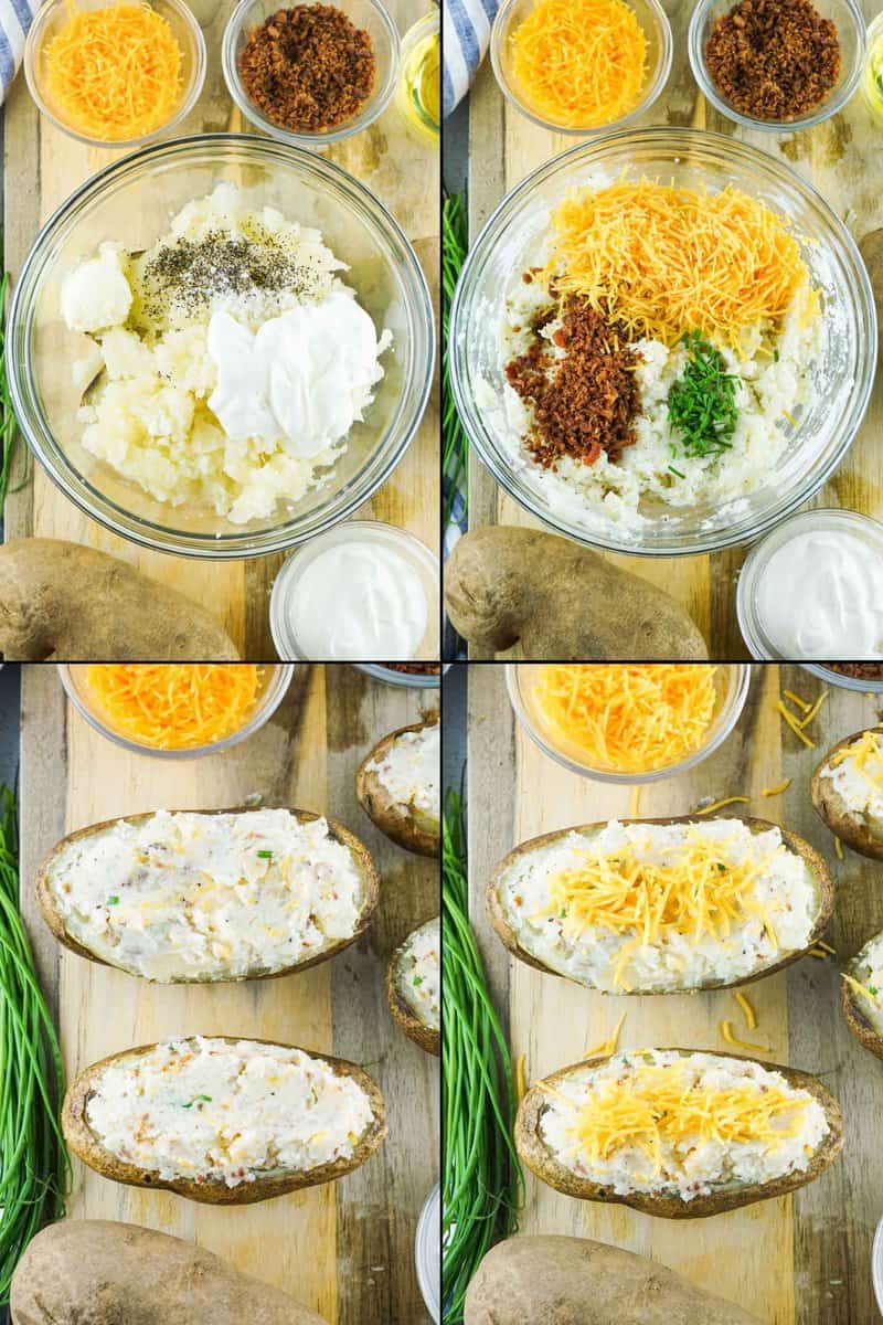 collage of recipe steps for loaded baked potatoes filling.