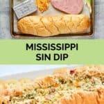 Mississippi sin dip ingredients and the dip on a platter.