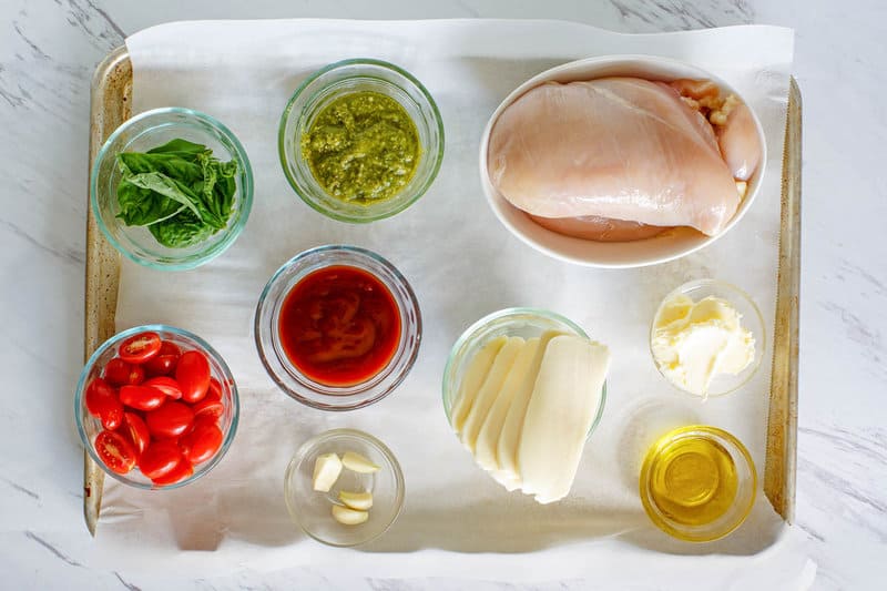 Olive Garden Chicken Margherita ingredients on a tray.