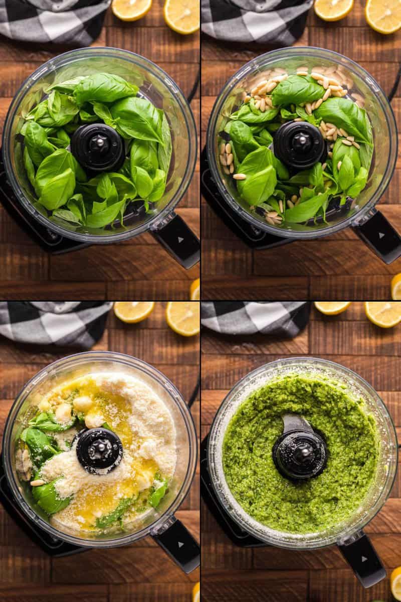 collage di passaggi della ricetta per preparare il pesto di basilico in un robot da cucina.