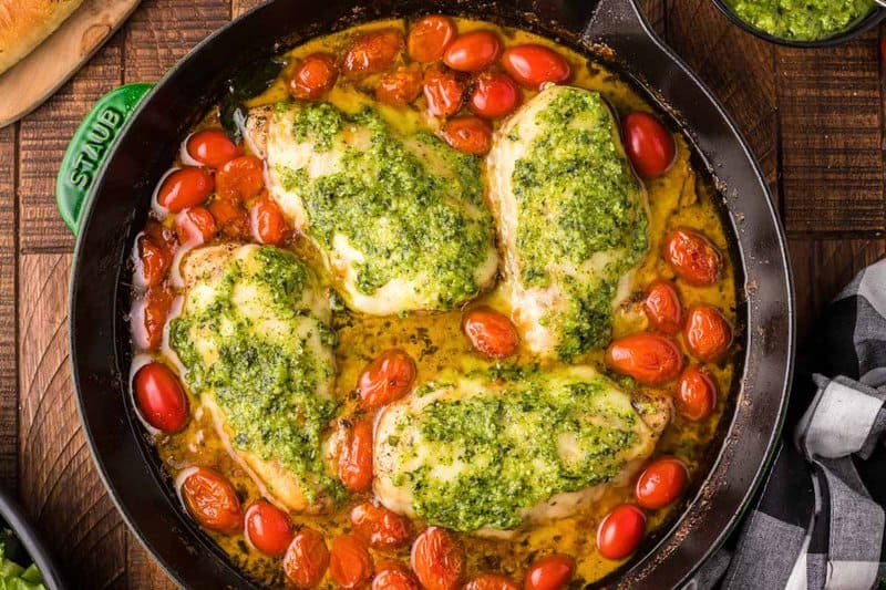 overhead view of copycat Olive Garden Margherita Chicken in a skillet.