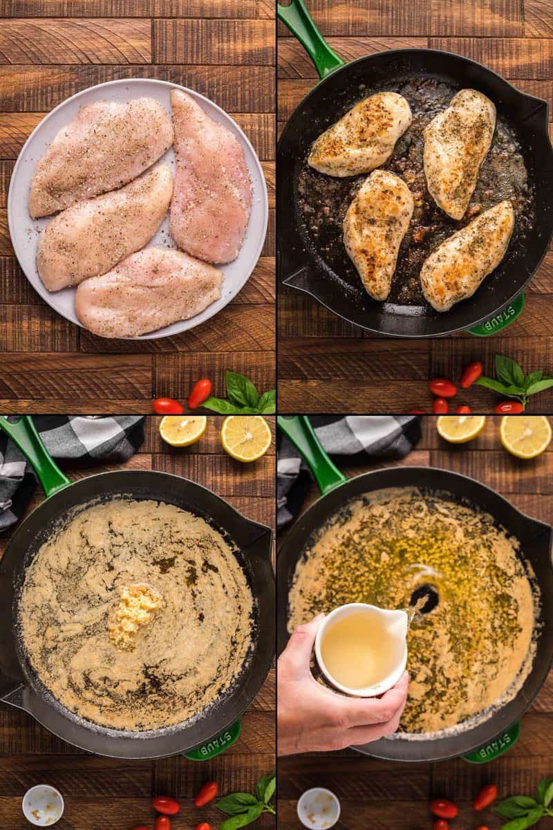 collage of preparation of chicken and sauce for chicken margherita.