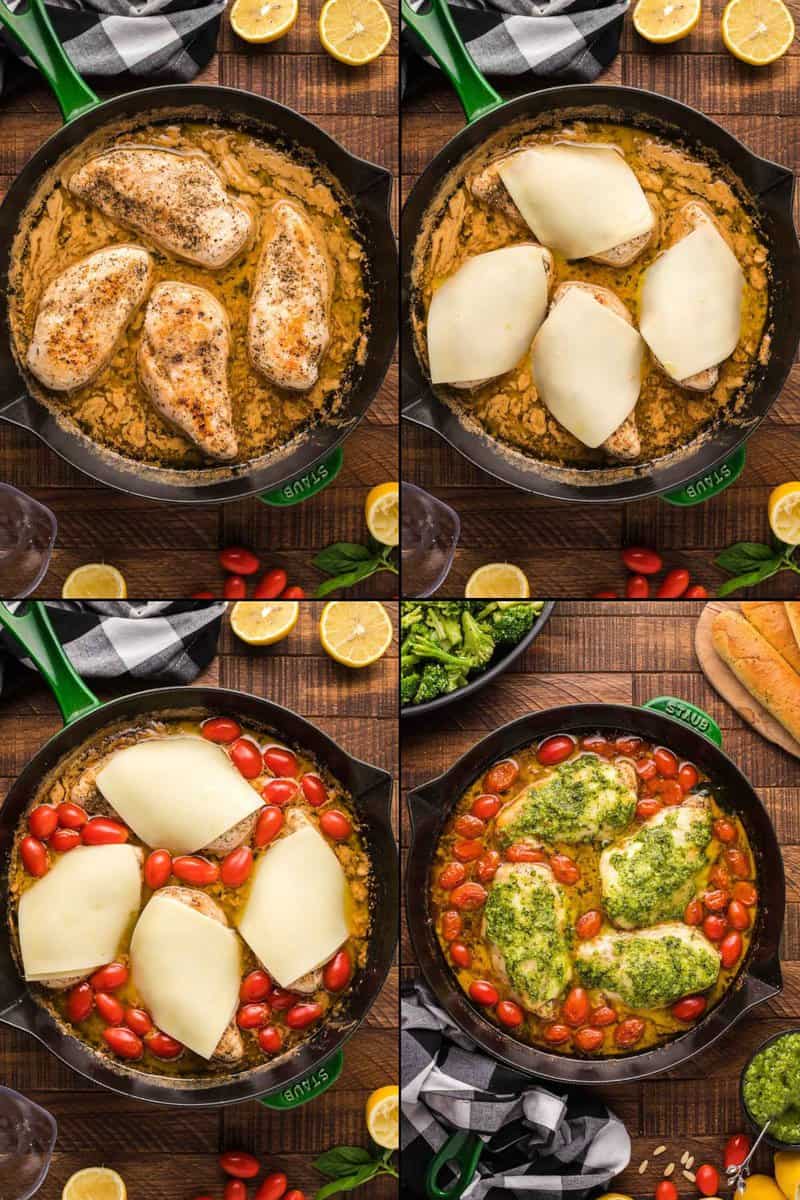 collage of recipe steps for Olive Garden Chicken Margherita.