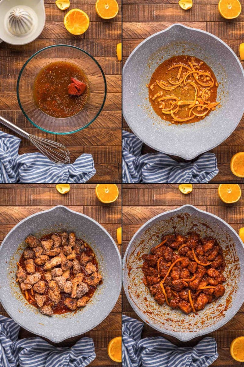 Collage de pasos de receta de pollo a la naranja de PF Chang para salsa y plato final.