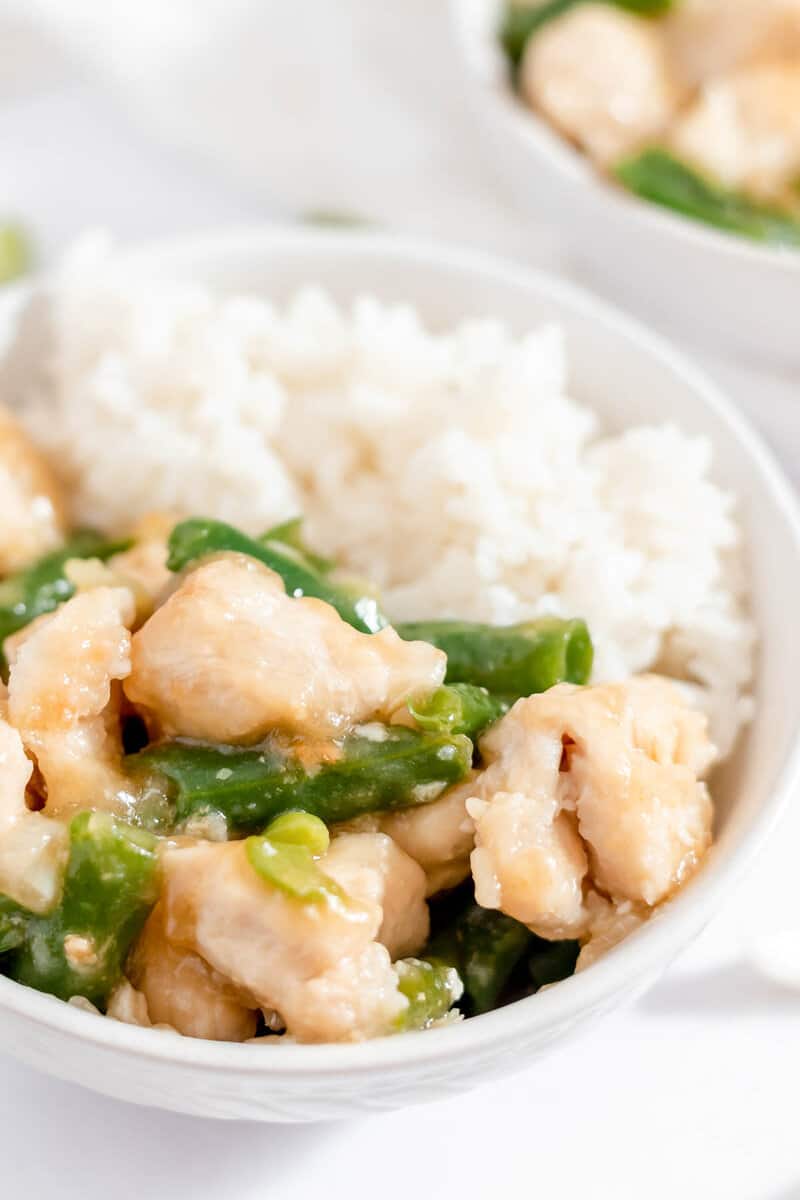 copycat Panda Express string bean chicken and rice in a bowl.