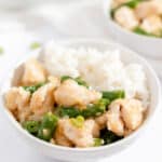 copycat Panda Express string bean chicken and rice in a bowl.