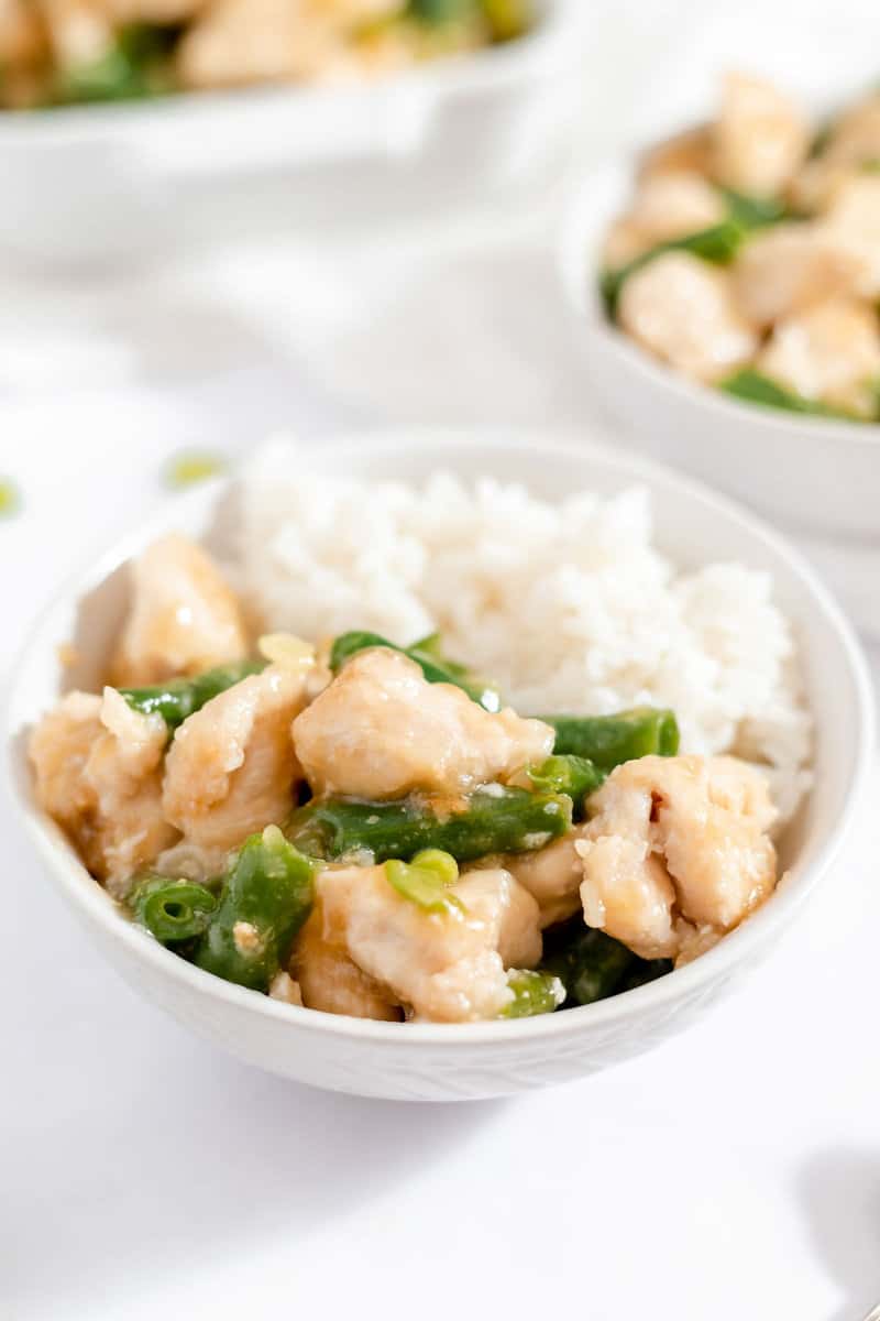 copycat Panda Express string bean chicken and rice in a bowl.