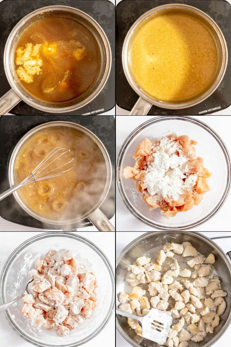 collage de los pasos de la receta para la salsa de pollo con judías verdes Panda Express y el pollo.