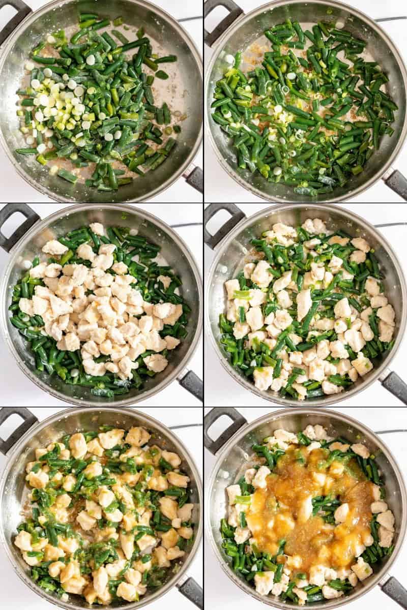 collage of recipe steps for Panda Express string bean chicken beans and sauce.