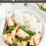 homemade Panda Express string bean chicken and rice in a white bowl.
