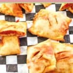 homemade pepperoni pizza hot pockets on checkered parchment paper.
