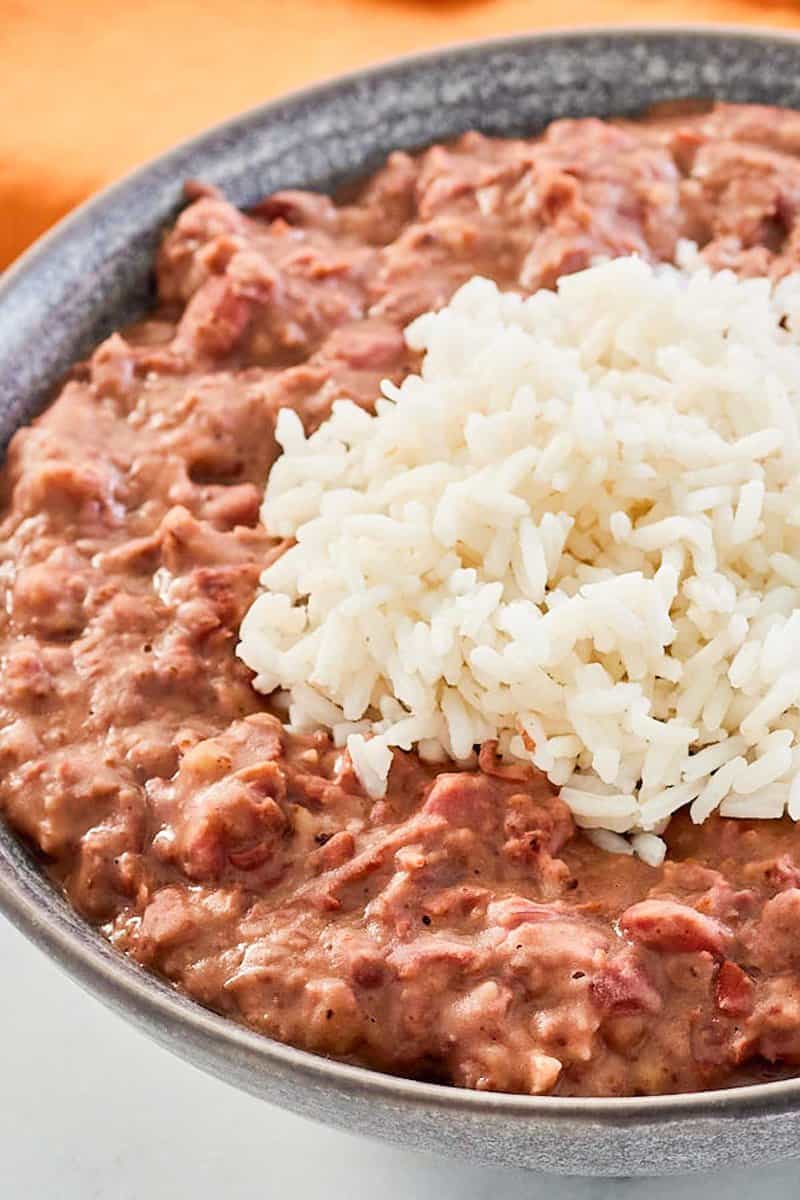 closeup of copycat Popeyes red beans and rice in a bowl.