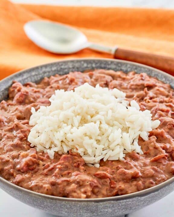 bowl of copycat Popeyes red beans and rice.