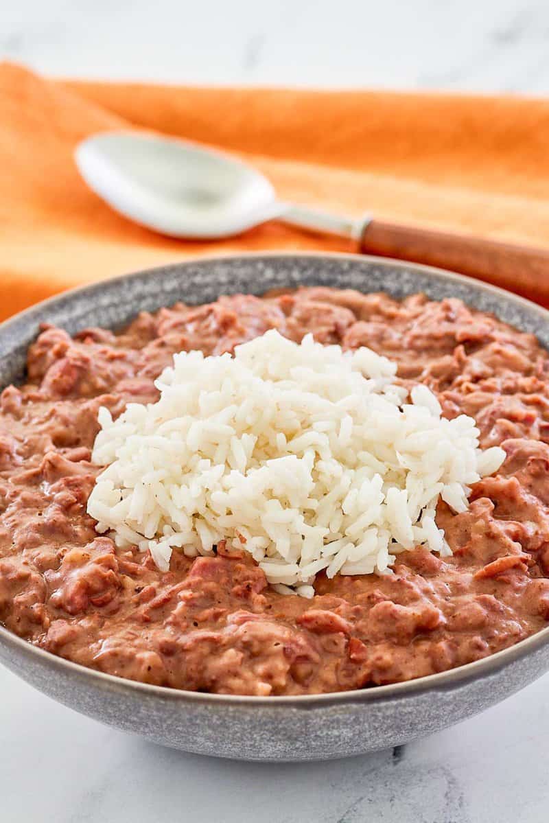 bowl of copycat Popeyes red beans and rice.