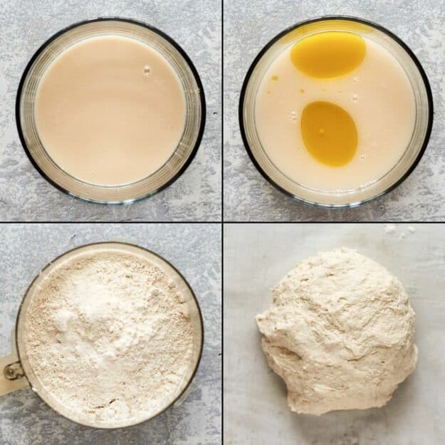 collage of steps for making pizza dough.