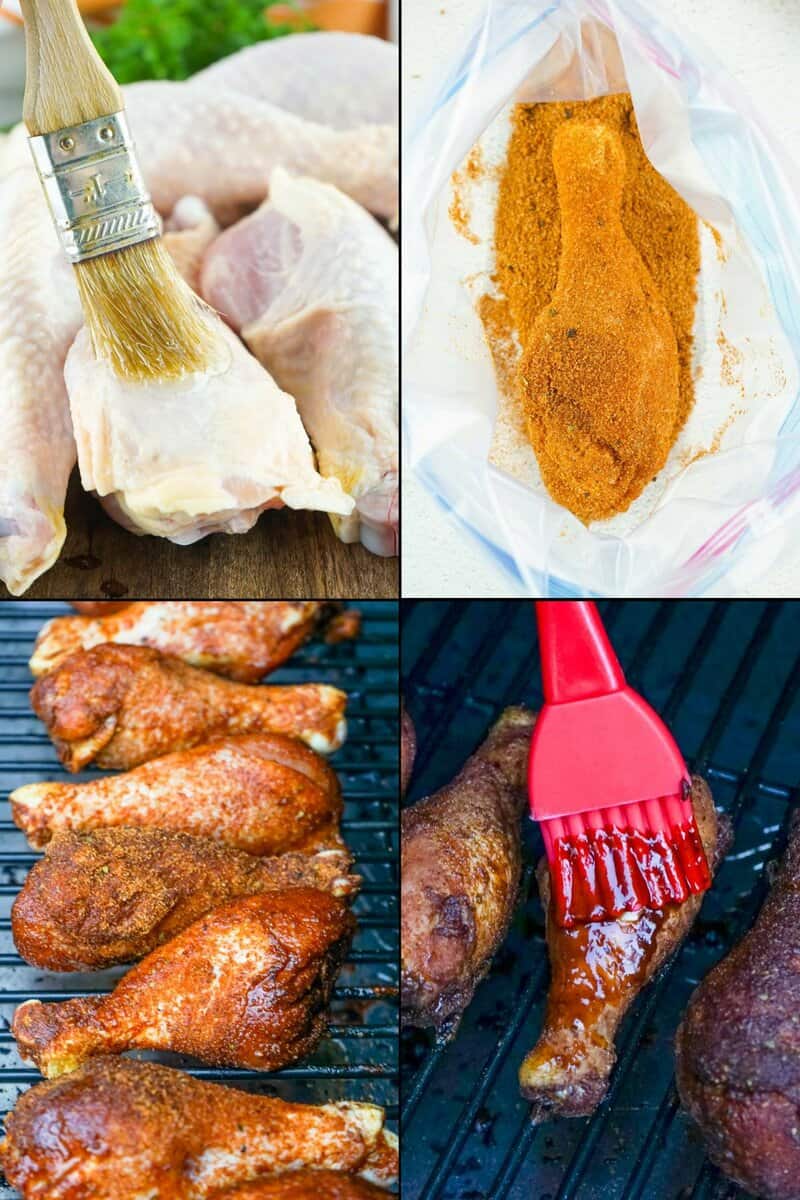 collage of recipe steps for smoked chicken drumsticks.