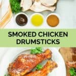 smoked chicken drumsticks ingredients and two of them on a plate.