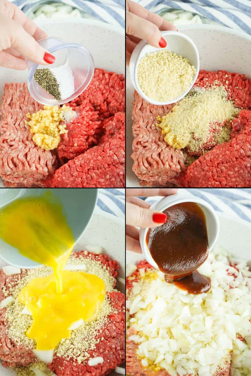 collage of recipe steps for smoked meatloaf mixture.