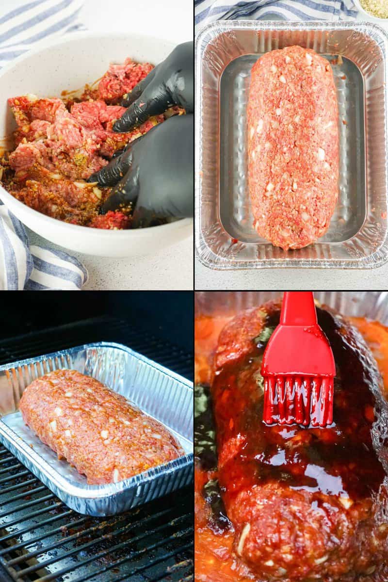 collage of recipe steps for mixing, forming, smoking, and basting smoked meatloaf.