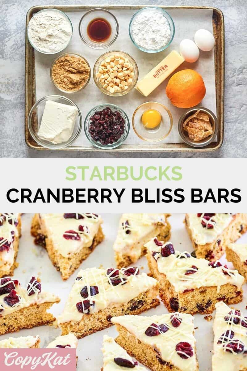 Starbucks cranberry bliss bars ingredients and the finished bars.