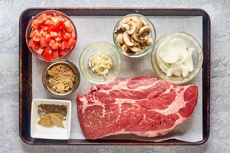 stove top pot roast ingredients on a tray.