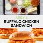 Arby's buffalo chicken sandwich ingredients and the finished sandwich.