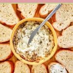 baked goat cheese dip and bread slices around it.