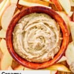 overhead view of creamy caramel apple dip and sliced apples.