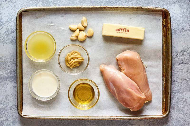 chicken dijon ingredients on a tray.