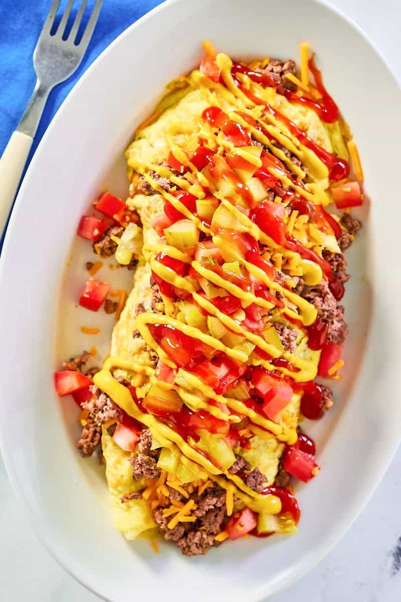 overhead view of copycat IHOP cheeseburger omelette.