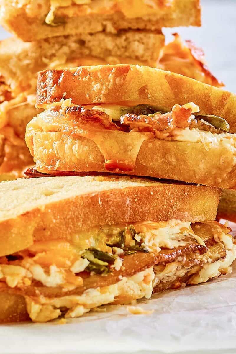 closeup of jalapeno popper grilled cheese sandwich.