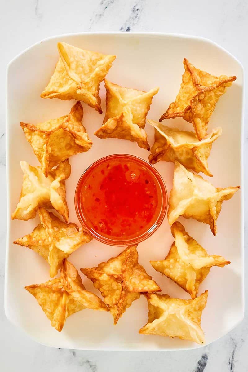 overhead view of copycat Panda Express cream cheese rangoon appetizer.