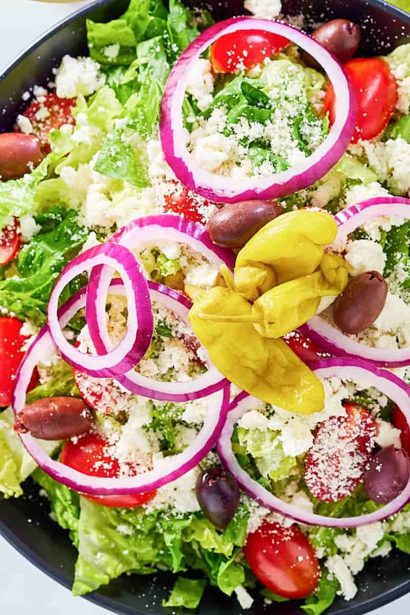 copycat Panera Greek salad with dressing.