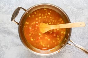 pumpkin curry soup mixture in a pot.