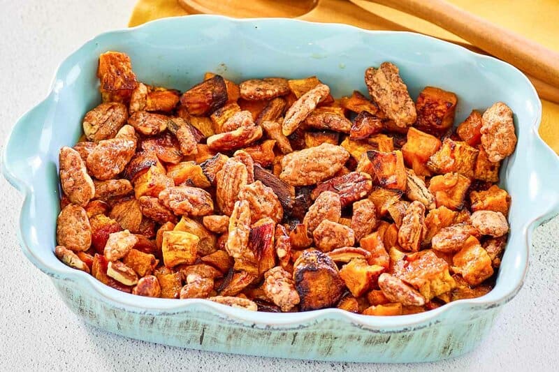 honey roasted sweet potatoes topped with candied pecans.